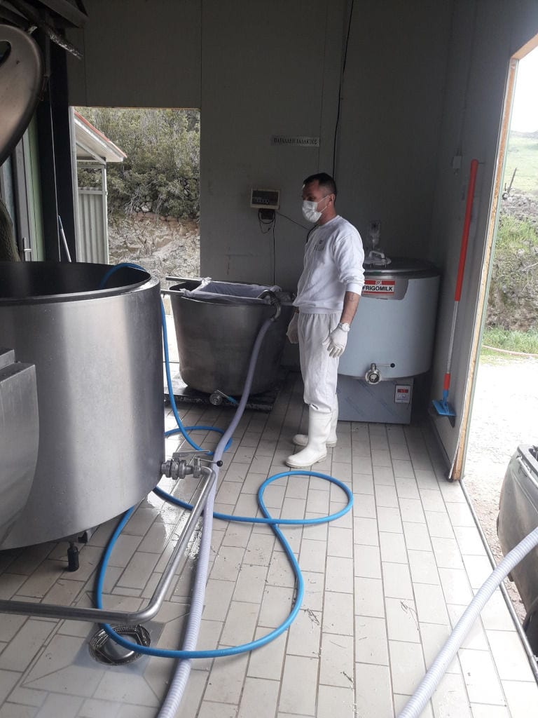 man working in room with dairy equipment at 'Mystakelli Dairy' plant